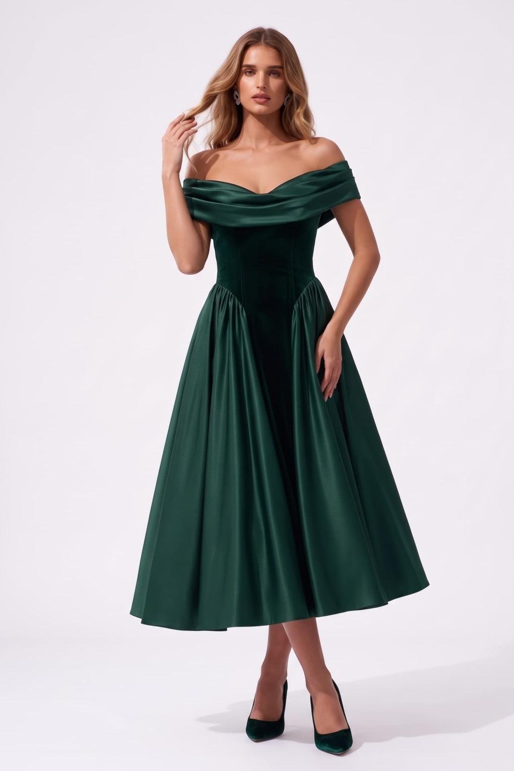 A-Line Tea Length Satin Velvet Special Occasion Dress CS1102 - Hunter Green - COCOMELODY